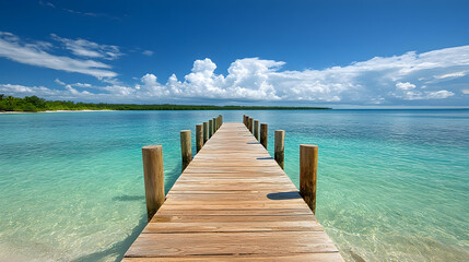 Fototapeta premium Wooden Pier Leading to Tropical Island Paradise, dock, ocean, sea, turquoise water, clear water