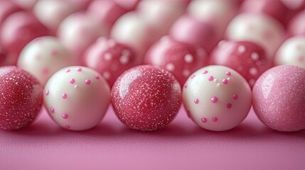 Pink and white speckled spheres arranged in a row