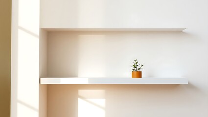 Fototapeta premium Minimalist Plant on Shelf with Sunlight and White Wall Home Decor