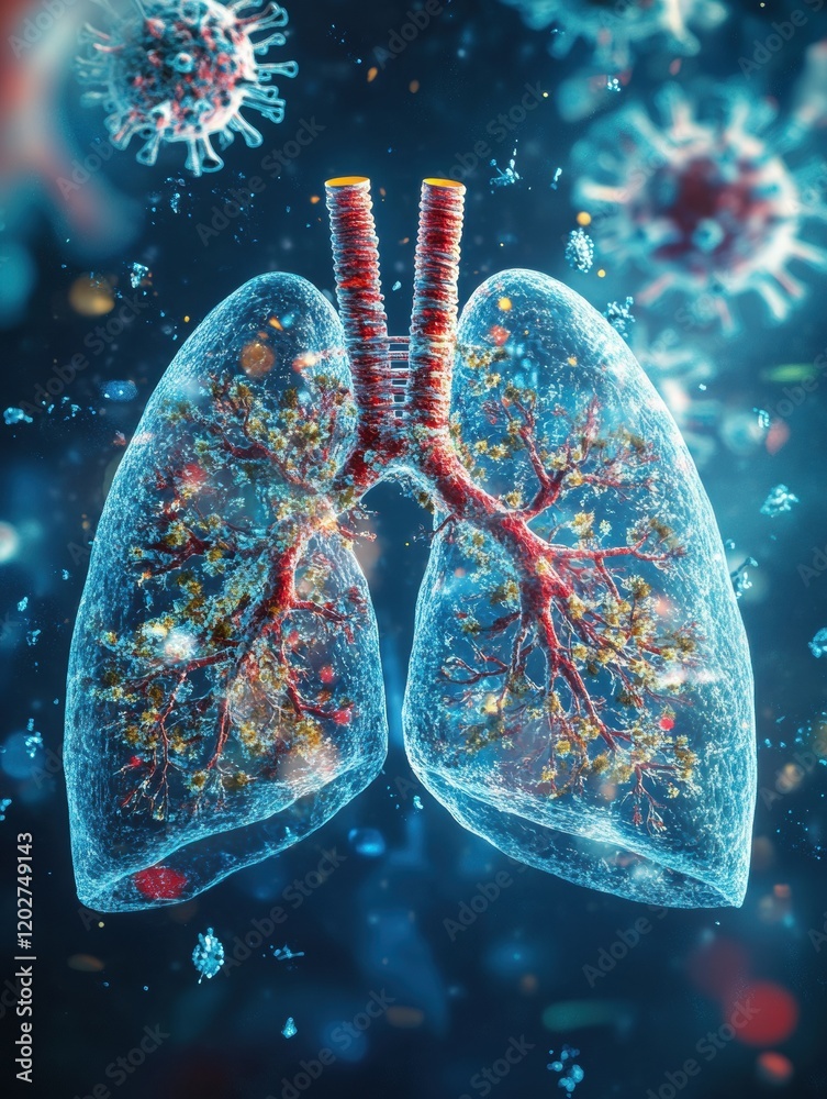 Poster digital illustration of human lungs surrounded by viruses and pathogens in a colorful biological lan