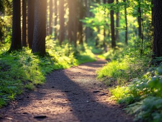 Obraz premium Sunlit Forest Path A Serene Trail Through Lush Green Woodland with Golden Light
