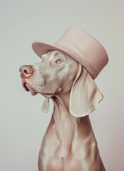 urreal portrait of an anthropomorphic yellow Weimaraner dog in minimalism, wearing a hat.Minimal creative fashion concept with copy space