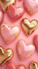 Pink and gold  hearts background in 3D style, love wallpaper.Minimal creative  Valentine's holiday concept.Copy space,flat lay