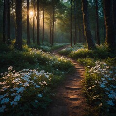 Fototapeta premium A magical forest where flowers light up the path for travelers.