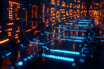 Obraz premium Abstract digital network with glowing orange and blue lines creating a futuristic technological structure