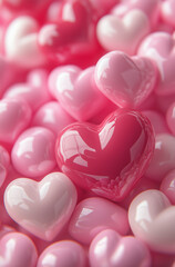 Pink hearts background in 3D style, love wallpaper.Minimal creative  Valentine's holiday concept.Copy space,flat lay