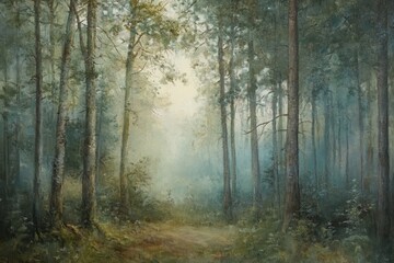 Fototapeta premium Tranquil Forest Path Impressionist Oil Painting of a Misty Woodland Scene.