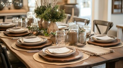 Fototapeta premium A farmhouse-style table decorated with burlap runners, mason jar centerpieces, and wooden chargers.