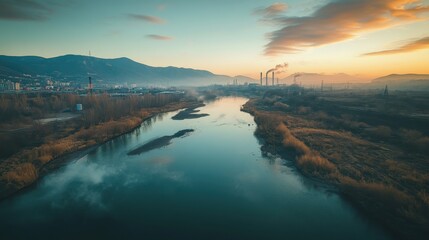 Industrial River Landscape at Dawn with Polluted Skies and Mountain Backdrop.
