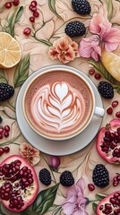 Latte Art with Pomegranates, Blackberries, and Floral Design