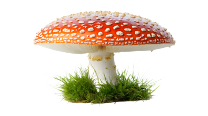 Fly Agaric Mushroom with Grass, Isolated on Transparent Background