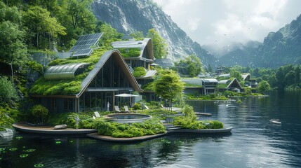 Obraz premium Eco-Friendly Village nestled in Mountain Lake