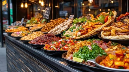Street food market stall, diverse dishes, city background, lunchtime rush
