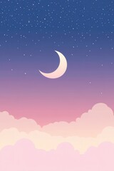 Naklejka premium Dreamy Night Sky with Crescent Moon, Stars, and Pink Clouds, Vector Illustration.