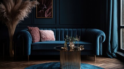 Teal velvet sofa in dark room with pampas grass.