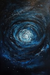 Abstract Galaxy Painting with Swirling Blue Nebula and Stars, Space Art.