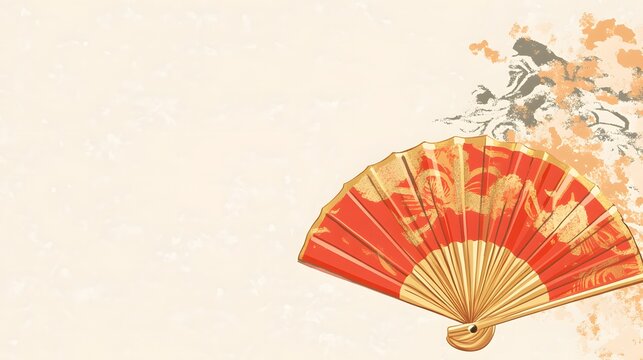 clean cartoon design with a round red fan decorated with golden patterns, background for chinese new year greetings