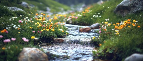 Fototapeta premium A serene stream flows softly through a meadow of vibrant wildflowers, echoing nature’s untouched beauty.