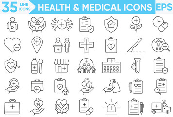 Health & Medical line Icon set. Medicine, check up, doctor, dentistry, pharmacy, lab, scientific discovery, collection, nurse, pills, clinic and more.Vector and illustrator set.