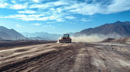 Heavy machinery operating on construction site with bright blue sky and rugged mountains