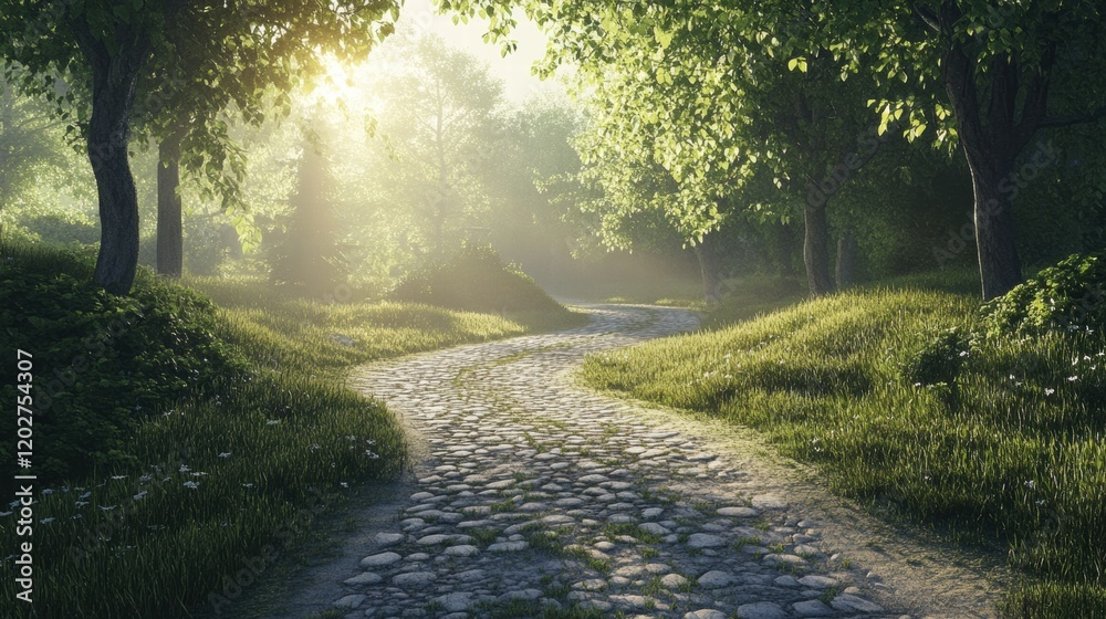 Aufkleber Sunlight filters through trees illuminating a winding stone path in a tranquil forest setting. Generative AI