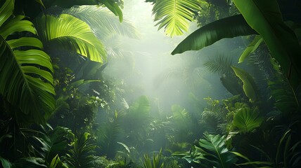 tropical jungle background with green leaves and sunlight
