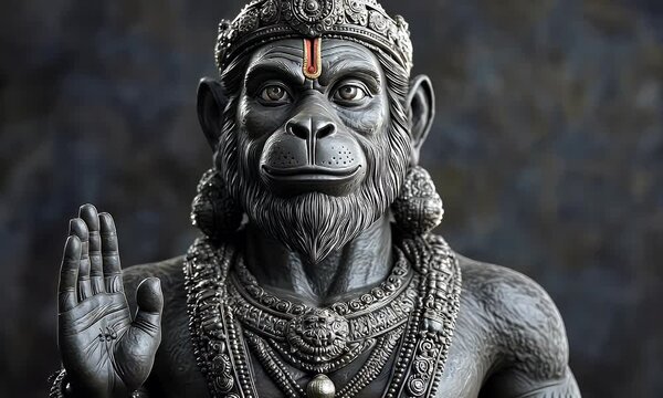 Hanuman statue, dark background, religious art, spiritual symbol, meditation