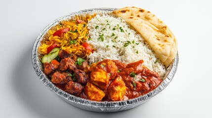 A foil food box filled with a variety of savory takeaway dishes such as curry, rice, and naan, sealed tightly.
