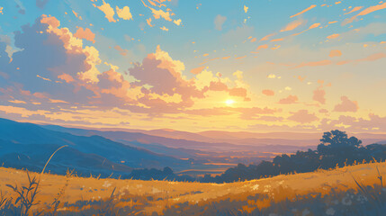 the sunset between the hills landscape