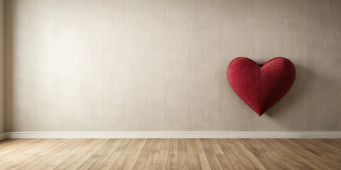 Fototapeta premium A plush crimson heart adorns a minimalist room's wall, creating a romantic and serene atmosphere.