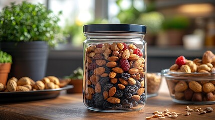 A glass jar filled with assorted nuts and dried fruits on a wooden table.