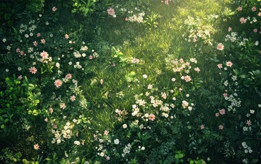 Lush Meadow with Pink and White Wildflowers, Verdant Grass, and Sunlight Streaming Through, Top View.