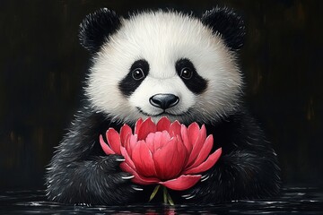 A cute panda holds a pink lotus flower, evoking a sense of tranquility and nature's beauty.
