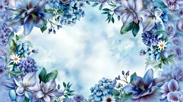 Elegant floral frame with blue lilies, hydrangeas, and watercolor background for elegant design.