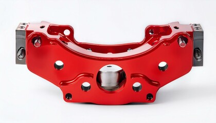 Close-up of a vibrant red metal component, showcasing intricate details and precision engineering.