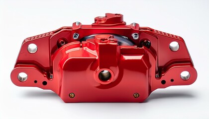 Close-up of a vibrant red automotive brake caliper.