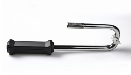 Close-up of a metallic handle with a black grip.