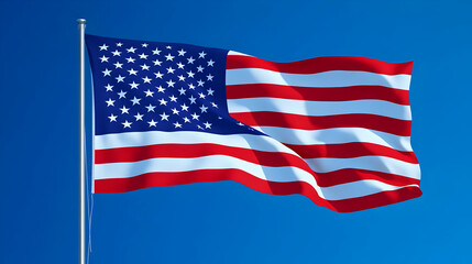 Fototapeta premium American Flag Waving in Blue Sky, usa flag, united states flag, stars and stripes, waving flag, clear sky