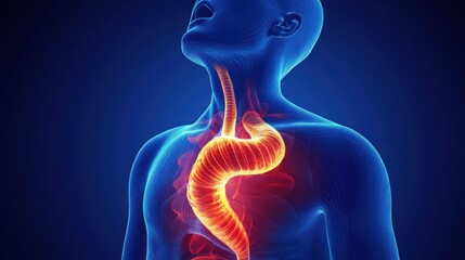 An anatomical illustration showing the human esophagus and throat in vibrant colors.