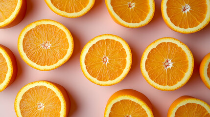 Fototapeta premium Juicy Orange Slices on Pink Background, oranges, citrus, fruit, fruits, vitamin c