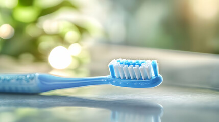Close-up of a Blue Toothbrush on a Shiny Surface with a Blurred Green Background, oral hygiene, dental care, healthy teeth, clean teeth, toothbrush bristles
