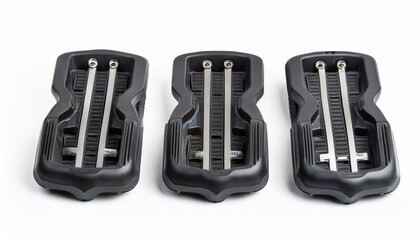 Three black plastic components with metallic accents.