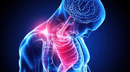 A digital illustration of a human body highlighting the brain and respiratory system.