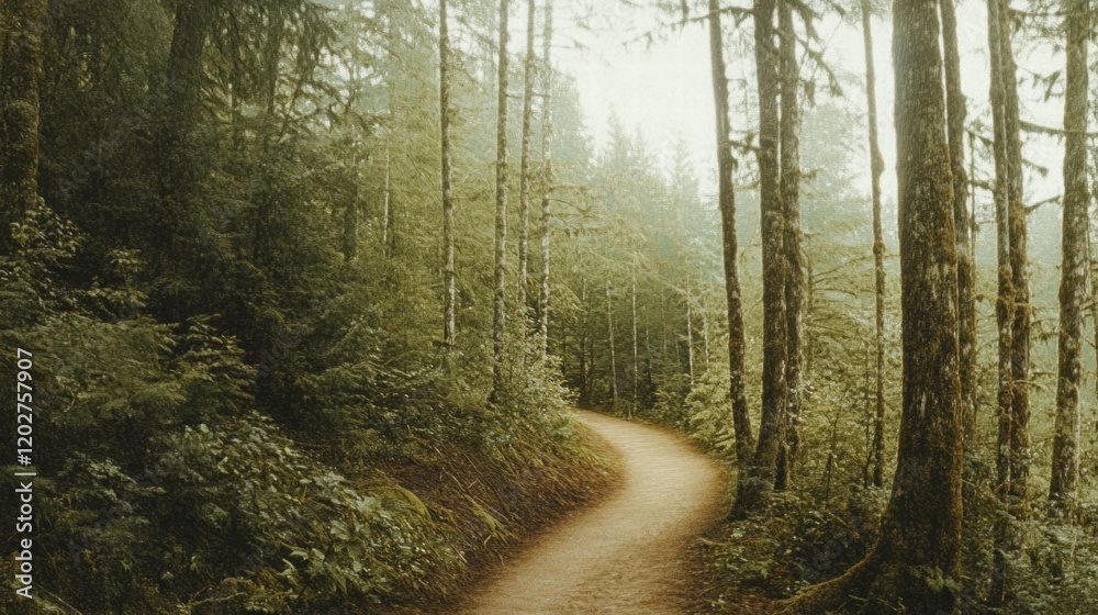 Poster winding forest trail inviting exploration through tall trees in a peaceful woodland setting. generat