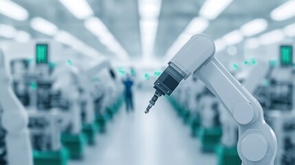 Instrumentation engineering. Industrial robotic arm in a modern factory setting.