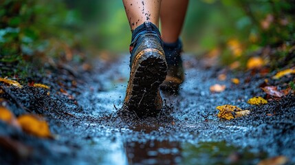 A close-up of a person walking on a muddy trail, splashing water and leaves.