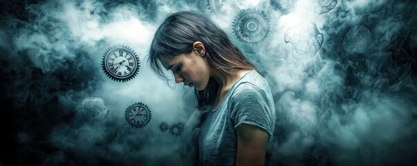 Fototapeta premium Woman in Gray Shirt Surrounded by Clock Gears and Smoke, Reflecting on Time and Change in a Dreamy and Surreal Atmosphere