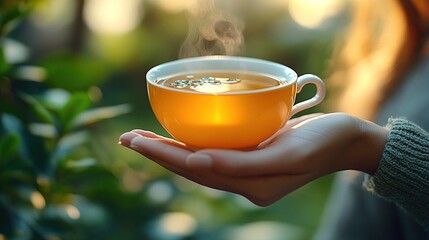 A hand holds a steaming cup of tea, surrounded by lush greenery and warm sunlight.