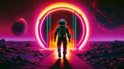 Astronaut Walking Towards Neon Portal in Space, Cosmic Landscape, Colorful Galaxy, Futuristic Scene with Planets and Stars, Sci-Fi Adventure 170 Characters