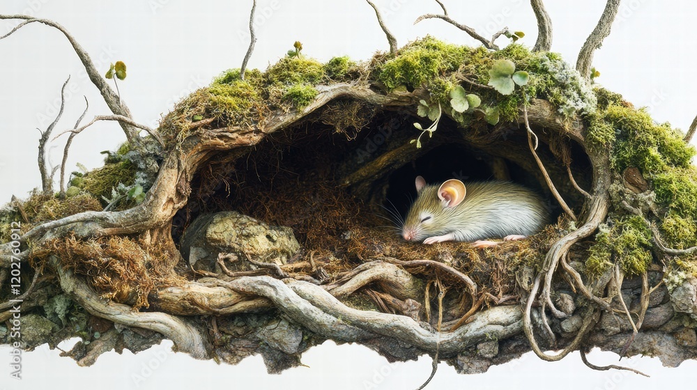 Poster Small rodent nestled in a moss covered nest within a tree branch in a serene environment. Generative AI
